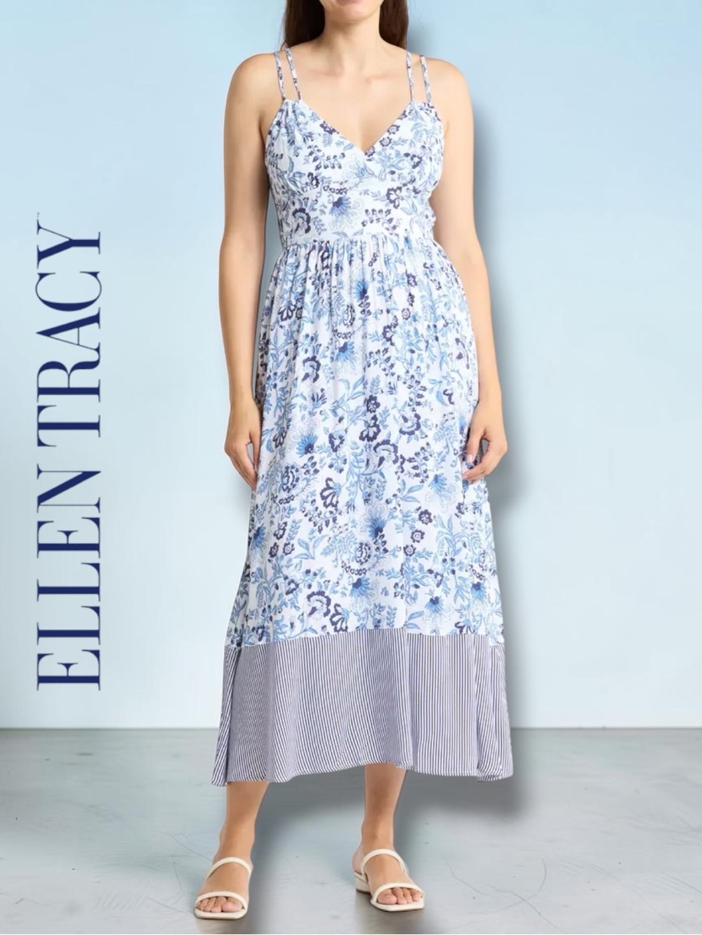 Ellen Tracy Women’s Blue Floral Strappy Challis Midi Dress in the Size X-Large